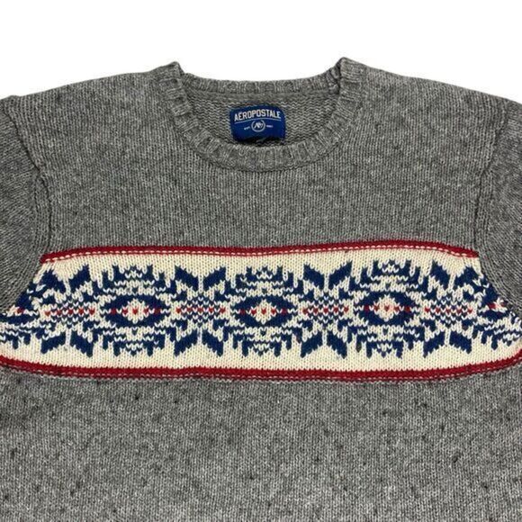 Aeropostale Sweater Men XL Gray Chunky Knit Crew Neck Fair Isle Bohemian Holiday - Picture 2 of 16